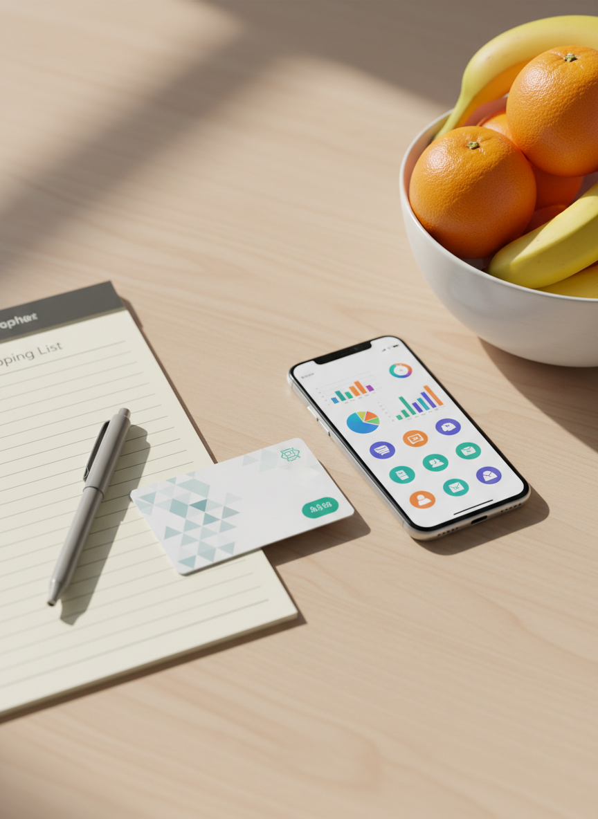 A neat kitchen table scene with a folded, generic benefits card placed next to a smartphone showing an abstract, colorful dashboard of charts and icons, suggestive of SNAP balance and resource information but with no discernible text. On the table are a reusable shopping list pad with blank lines, a simple pen, and a bowl filled with oranges and bananas, all on a smooth, light-colored surface. Soft, overcast daylight enters from an unseen window, producing minimal glare and soft, natural shadows. Photographic realism, eye-level composition with subtle depth of field that keeps both the card and phone in focus. The mood is reassuring, organized, and empowering, emphasizing planning and confident use of EBT resources rather than any sense of need.