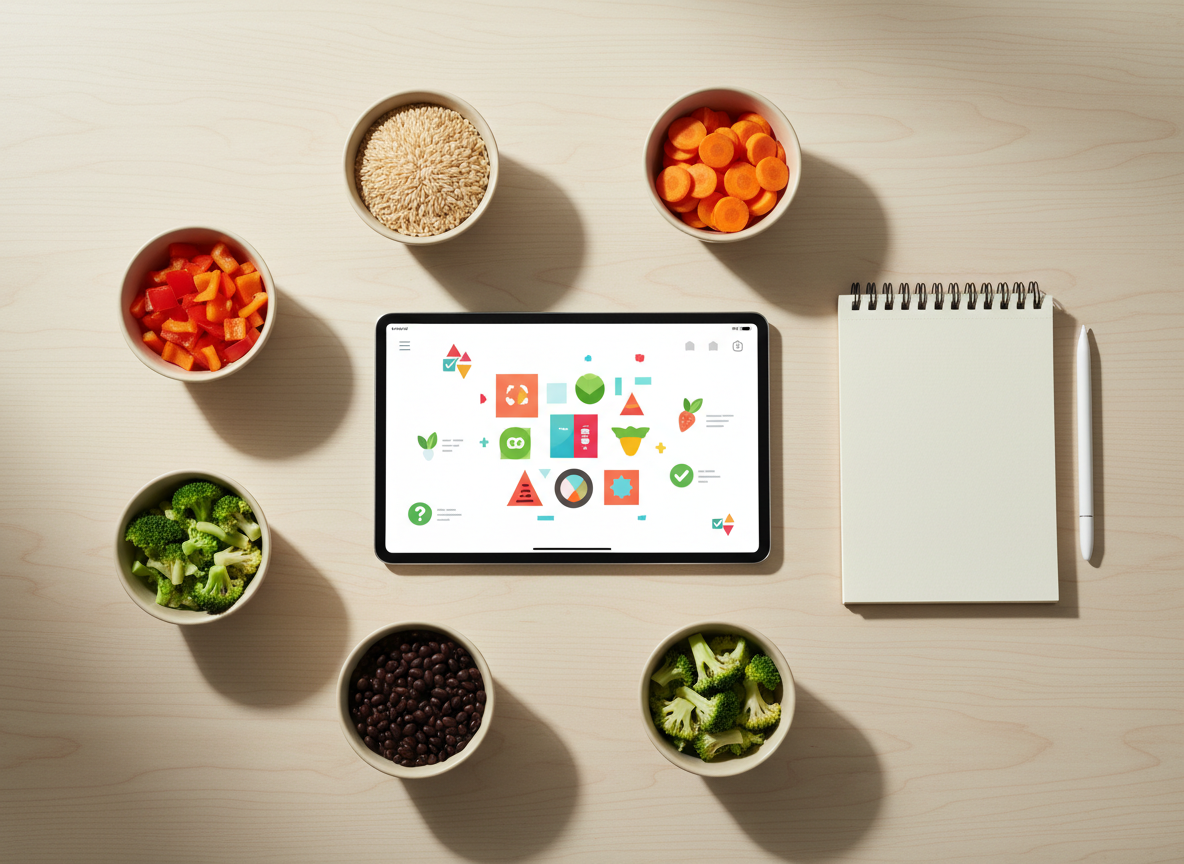 A minimalist, photographic top-down shot of a light wooden table arranged as a planning station for SNAP-friendly meals. At the center sits a tablet displaying a colorful, icon-based meal planning interface, with simple shapes hinting at recipes and eligibility tips, but no readable wording. Surrounding it are small bowls of raw ingredients—brown rice, beans, chopped vegetables—and a blank notepad with a sleek pen. Soft, indirect daylight comes from the top of the frame, producing gentle, even lighting and faint shadows that emphasize texture in the grains and produce. The composition is carefully balanced, with clean negative space and sharp focus across the scene. The mood is organized, optimistic, and educational, highlighting how digital tools can simplify eligibility questions and smart grocery choices.