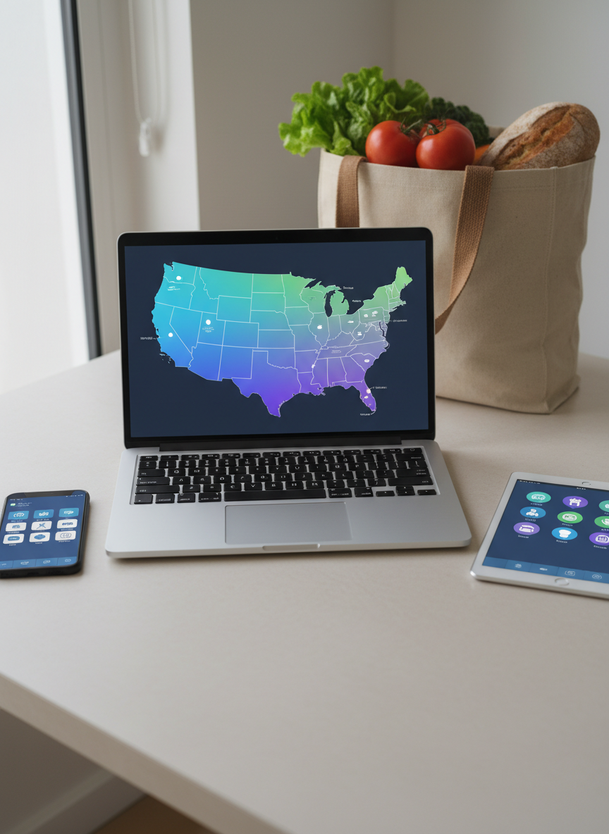 An organized workspace scene featuring an open laptop on a pale, matte desk, its screen showing a colorful, abstract map of the United States with softly glowing state shapes, implying state-by-state SNAP rules but containing no readable labels. Beside the laptop lies a smartphone and a slim tablet, both showing simplified, icon-based interfaces. A reusable grocery bag filled with fresh produce—tomatoes, lettuce, whole-grain bread—rests in the background. Diffused daylight from a side window bathes the scene in soft, neutral tones, creating gentle shadows and a calm, analytical atmosphere. Photographic realism, shot from a slightly elevated angle with rule-of-thirds composition, sharp focus throughout, giving a professional yet approachable feel suitable for explaining complex eligibility information clearly.