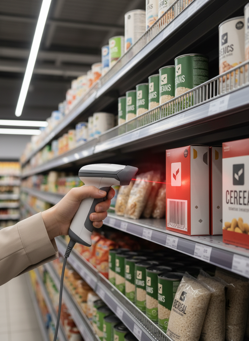 A close-up, photographic image of a handheld barcode scanner device aimed at a glossy, generic packaged food item on a grocery shelf, with the red scan line glowing across a simplified barcode. The shelves are stocked with a variety of neutral-branded pantry staples—canned beans, rice, cereal—avoiding any brand names or text. Overhead fluorescent grocery lighting creates even, bright illumination with soft reflections on metal shelving and plastic packaging. Shot from a slightly low, over-the-shoulder angle that focuses on the scanner and barcode, with the aisles fading into a gentle bokeh. The overall aesthetic is clean, modern, and professional, emphasizing ease of checking SNAP/EBT eligibility without evoking any sense of hardship.