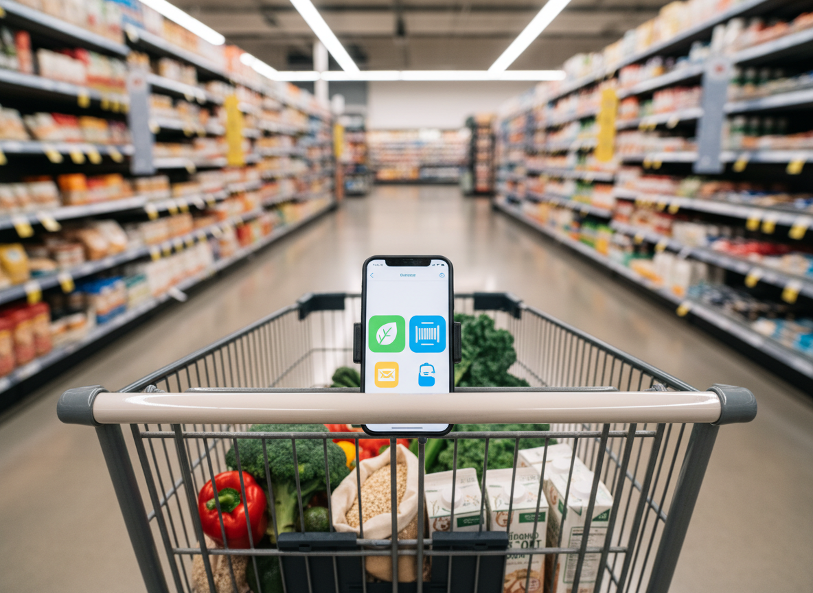 A wide, photographic view of a bright, well-stocked grocery aisle, with the camera focused on a shopping cart handle in the foreground that holds a securely mounted smartphone. The phone displays a simplified, colorful interface with large icons suggesting a SNAP-friendly grocery guide and scanner feature, without legible text. The cart contains fresh vegetables, whole grains, and dairy alternatives with generic packaging. Overhead store lighting creates clear, even illumination and subtle reflections on polished floors. Shot from shopper height, using a shallow depth of field so the cart and phone are sharp while shelves of neatly aligned products blur softly into the distance. The scene feels calm, everyday, and professional, emphasizing confident, informed shopping with EBT support.