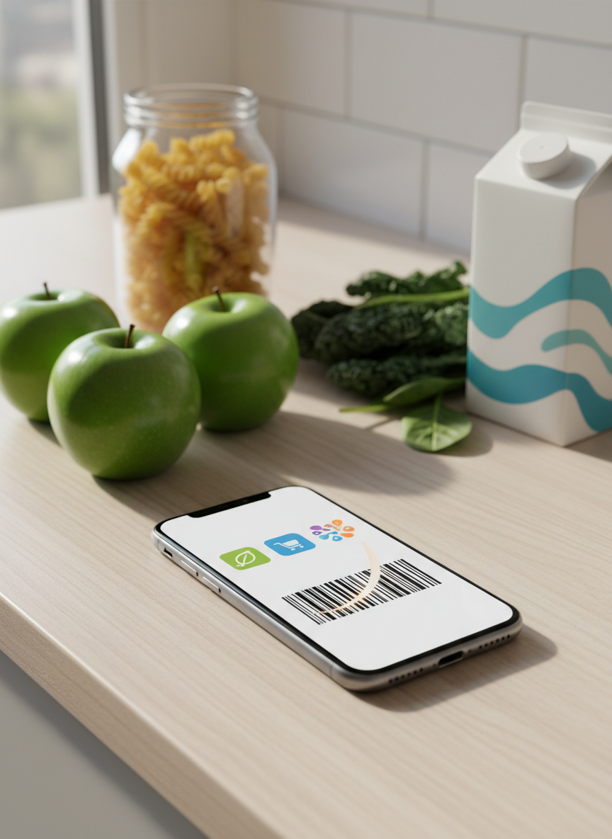 A modern smartphone lying on a light wood kitchen counter, its bright screen displaying a clean, uncluttered interface with colorful, abstract icons suggesting a SNAP/EBT resource and barcode scanner app, without any readable text. Around the phone are neatly arranged fresh groceries: vibrant green apples, whole grain pasta in a clear jar, leafy greens, and a carton with a generic design, all styled to look wholesome and everyday. Soft morning daylight filters through an unseen window, creating gentle reflections on the phone glass and subtle shadows from the food. Photographic realism, eye-level composition with a slight angle, shallow depth of field that keeps the phone crisp while the background softly blurs, conveying a friendly, professional, stigma-free mood.